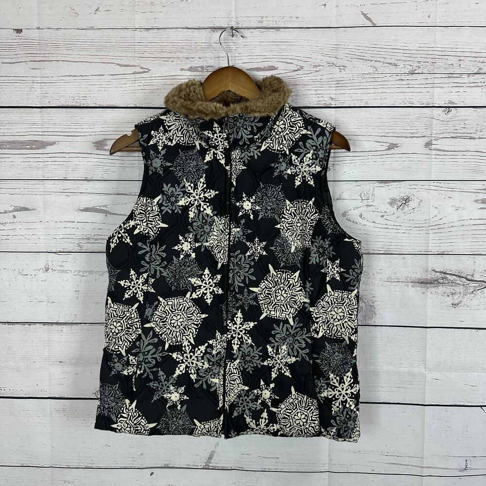 Eddie Bauer Down Puffer Vest Womens Medium Black Quilted Full Zip Faux Fur‎